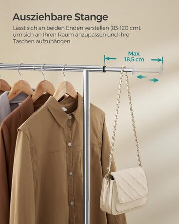 SONGMICS Clothes Rack with Wheels, Extendable Clothes Rod, Garment Rack Made of Steel Pipes, Elevated Storage Rod, 40 x (83-120) x 156 cm, Cloud White HSR134W01 (Silver)