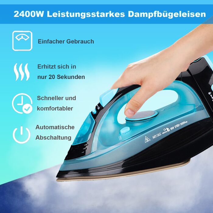 Пароочищувач для одягу бездротовий 2400 Вт з керамічною підошвою, функцією вертикального прасування, захистом від накипу та самоочищенням, блакитний