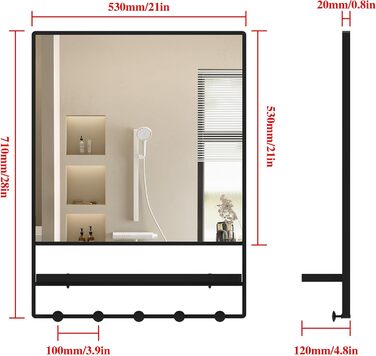 Круглий дзеркало Anyhi 40.6 см без рами, скошений край, для ванної, вітальні, спальні, з монтажем на стіну (Чорний, 71 x 53 см)