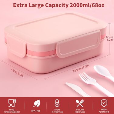 Ланчбокс для дорослих Sinnsally 2000 мл з відділеннями, бенто-бокс, ланчбокс з посудом, виготовлений з екологічно чистих матеріалів, зелений (рожевий)