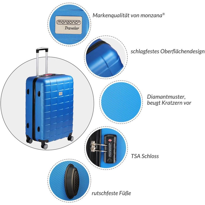 Набір валіз MONZANA® 3шт Exopack TSA, 3 шт. (M-L-XL), жорсткий корпус, блакитний