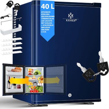 Міні-холодильник KESSER® 40L з замком: ідеальний для кемпінгу, офісу, спальні, готелю, кухні. Безшумний, з можливістю зміни дверцят та внутрішнім освітленням, з відкривачем для пляшок. Колір: Navy Blue