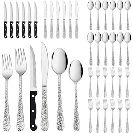 Herogo Cutlery Set, 6 Place Settings, 36-Piece Stainless Steel Cutlery Set with Knife, Fork, Spoon, Steak Knives, Modern Hammered Handle Flatware for Home/Party/Restaurant, Dishwasher Safe, Rustproof