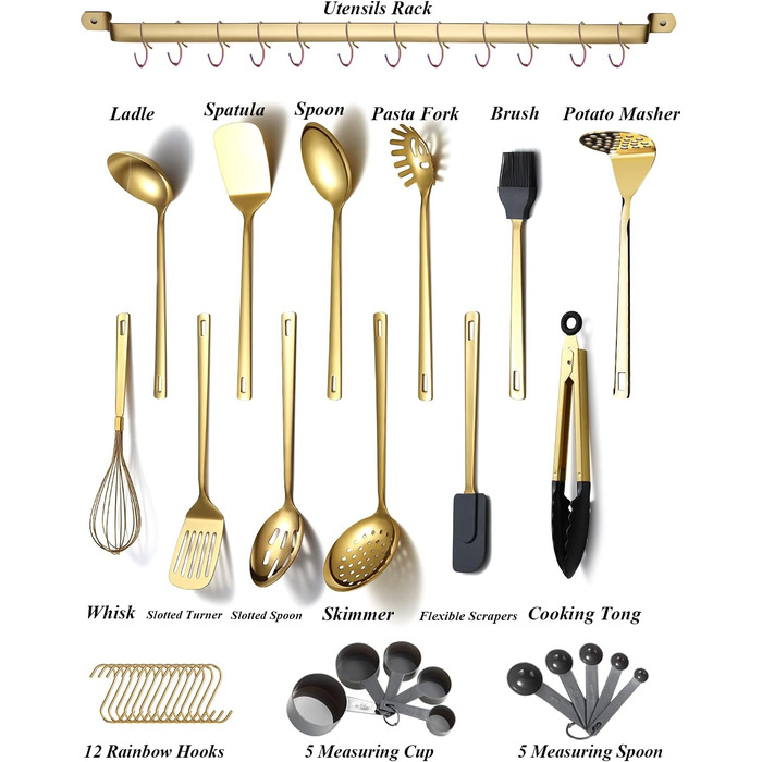 Kyraton Gold Kitchen Utensil Set, 37-Piece Stainless Steel Kitchen Helper Set with Titanium Plating, Kitchen Tool Set with Utensil Holder, Cooking Spoon Set Dishwasher Safe