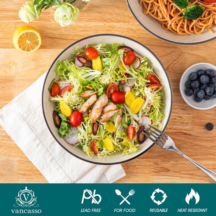 Набір супових тарілок Vancasso Bonbon (6 шт.), супові миски з кераміки, об'єм 1500 мл, глибокі, для пасти, салатів, підходить для миття в посудомийній машині та використання в мікрохвильовій печі, бежевий