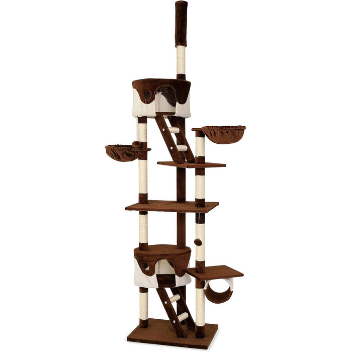 Котячий будиночок Lionto XXL з сизалю та плюшу: багатоярусний комплекс для котів з гамаком, тунелем та іграшками (колір: коричневий/бежевий, 230-250 см)