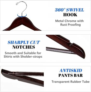 Дерев'яні вішалки для одягу Amber Home, 20 шт., масивна деревина волоського горіха, гладка поверхня, з перекладиною для штанів, поворотний гачок та виступи для куртки, штанів, сорочок (Волоський горіх, 20)