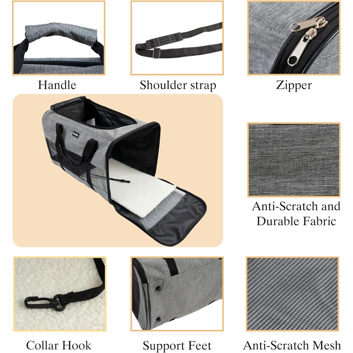 Транспортна сумка для котів та собак, дихаюча та складна, транспортна переноска з регульованим плечовим ременем, знімна плюшева матрацна подушка (Сірий, L)