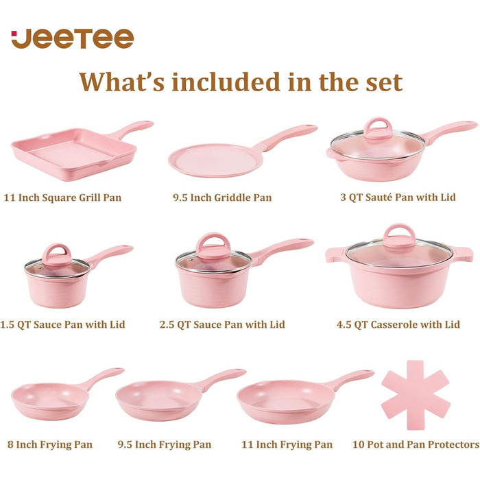JEETEE 23-Piece Pink Cookware Set - Nonstick Granite Pots and Pans Set for Induction, Gas, Electric & Ceramic Stoves - Perfect Gift Set