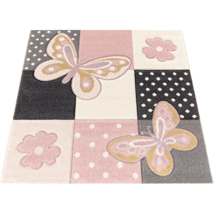 Paco Home Kids Rug, Children's Room, Colorful, Pink Butterflies, Checkered, Dots, Flowers, Size: 240x340 cm (Rectangular)