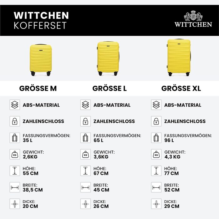 WITTCHEN Skyspeed Line: Великий валіза з жорстким корпусом ABS, 4 колеса, телескопічна ручка, комбінаційний замок, підходить для Lufthansa/Eurowings/Ryanair/Condor, жовтий (набір 3шт)