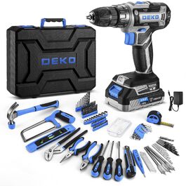 Набір інструментів DEKO 186 шт. з акумуляторною дрилем-шуруповертом 20V (блакитний) для дому та дрібного ремонту