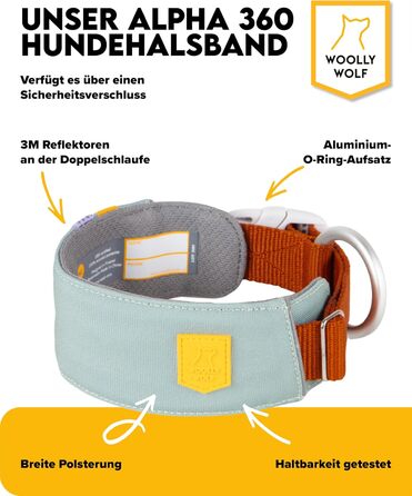 Нашийник для собак середнього розміру Woolly Wolf Alpha 360, розмір M, колір Гляцієрово-зелений - екологічний, зручний, з відбиваючими елементами для безпеки