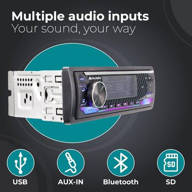 Автомагнітола Caliber 1DIN Bluetooth, FM-тюнер, 4x100Вт, USB/MicroSD, зарядка 2.1A, AUX, гучний зв'язок, зовнішній мікрофон, RCA, MP3/WMA/APE/FLAC