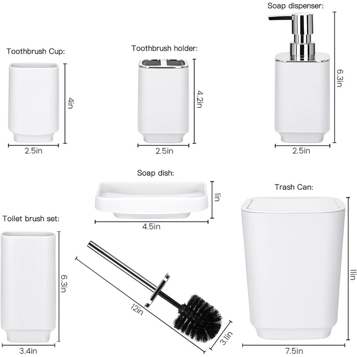 Сучасний 6-частинний набір для ванної кімнати білого кольору з дозатором для мила, тримачем для зубних щіток, мильницею, щіткою для унітазу, сміттєвим відром та склянкою з пластику та металу, білий