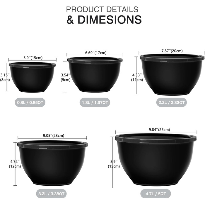 Набір салатниць з кришкою Greentainer, 10 шт. - пластикові миски для кухні, великий набір для змішування та сервірування, чорний