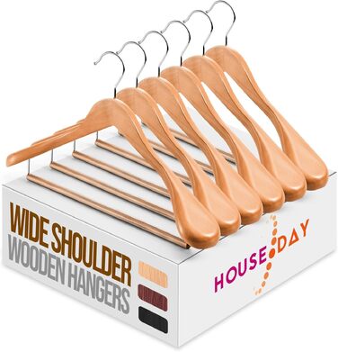 Дерев'яні вішалки для одягу HOUSEDAY, 6 шт. з широкою насадкою, 360° обертання, неслизький гачок, для костюмів, сорочок, пальто, курток, штанів, светрів (натуральне дерево)