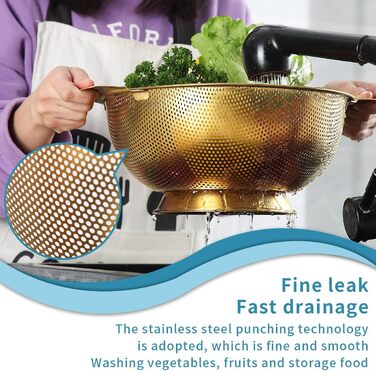 Ситечко Kyraton Gold Colander 5 Quart: професійне нержавіюче сито з покриттям з титану та золота, міцні ручки та основа для самостійного зливу, легко миється, підходить для миття в посудомийній машині