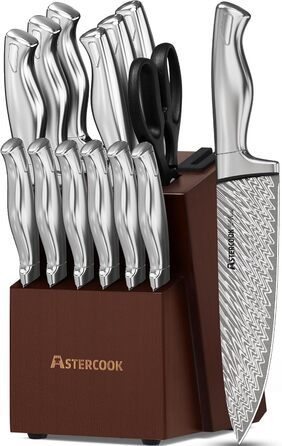 Astercook 15-Piece Kitchen Knife Set with Block - Stainless Steel, Sharpening Built-in, Dishwasher Safe