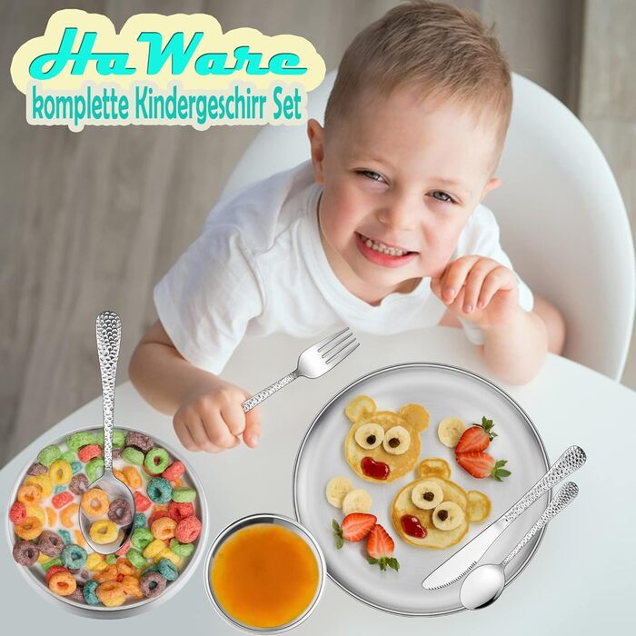 Набір дитячого посуду Kindergeschirr Set, 7-piece, нержавіюча сталь, для дітей від 3 років: виделка, ніж, ложка, тарілка, миска, чашка. Безпечний, придатний для миття в посудомийній машині.