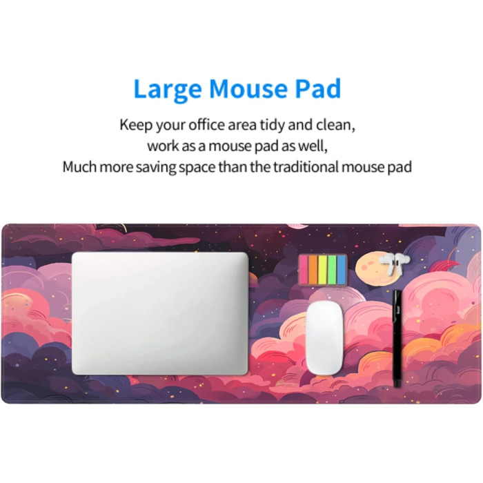 Килимок для миші Japanisches Mauspad, 90 x 40 см, у стилі аніме, дизайн мистецтва, великий ігровий килимок, клавіатура, підкладка під стіл, нековзна гумова основа, прошиті краї, для дому та офісу (XX-Large, Рожевий, Фіолетовий, Хмара)
