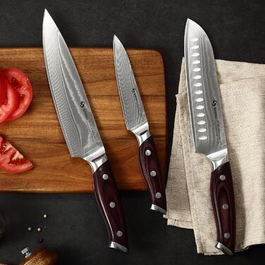 Набір кухонних ножів Sanhui Damast: 3 ножі з дамаської сталі з ручками з паккавуда. Професійний набір ножів у подарунковій коробці - ідеальний для професійних та аматорських кухарів.