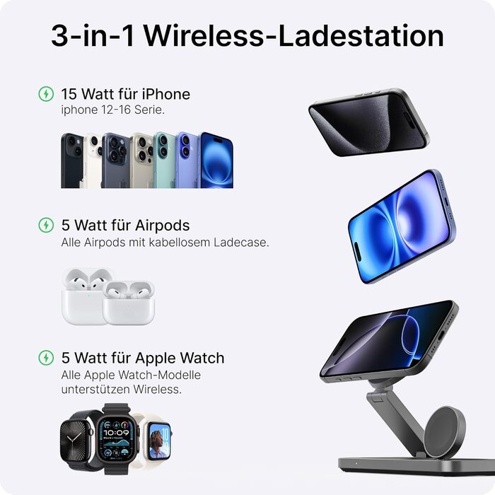 База для бездротової зарядки Voomy 3-в-1 з підтримкою MagSafe, для iPhone, AirPods та Apple Watch, 15W, складана, швидка зарядка, з USB-C кабелем та адаптером (Чорний)