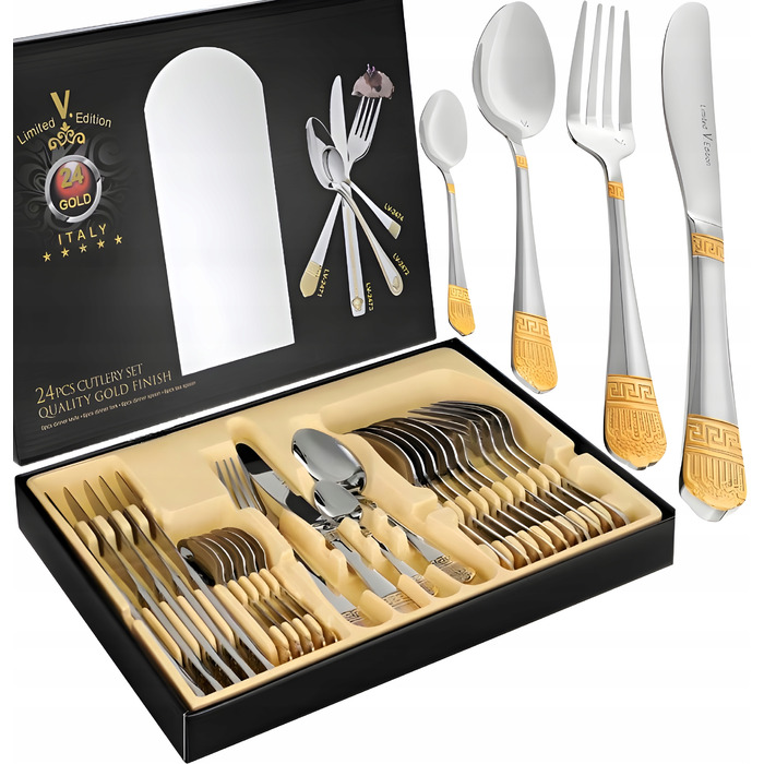 Золотий набір столових приборів у грецькому стилі, 24 предмети, обідній сервіз на 6 осіб у подарунковій коробці