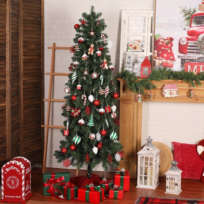 Набір прикрас на ялинку Shareconn 65 шт. - пластикові кулі, міцні, різні розміри та кольори (червоний та білий)