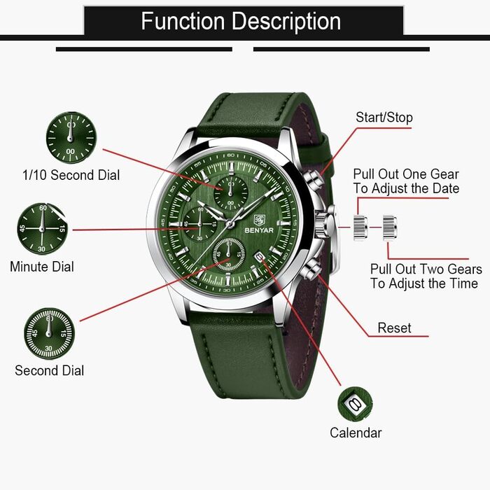 Годинник чоловічий BENYAR Chronograph Аналоговий кварц Водостійкий зі світлодіодною підсвічуванням дати, стильний бізнес-годинник для чоловіків (зелений)
