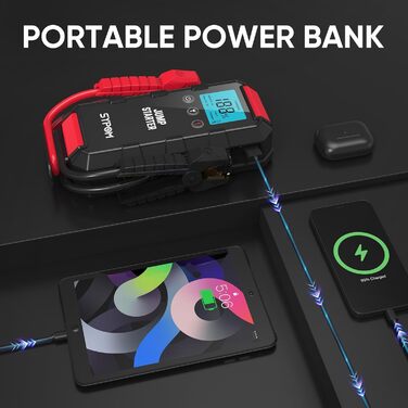 Портативний пусковий пристрій для автомобіля: 6000A, 12V, LED-ліхтарик, для бензинових та дизельних двигунів до 12.0L