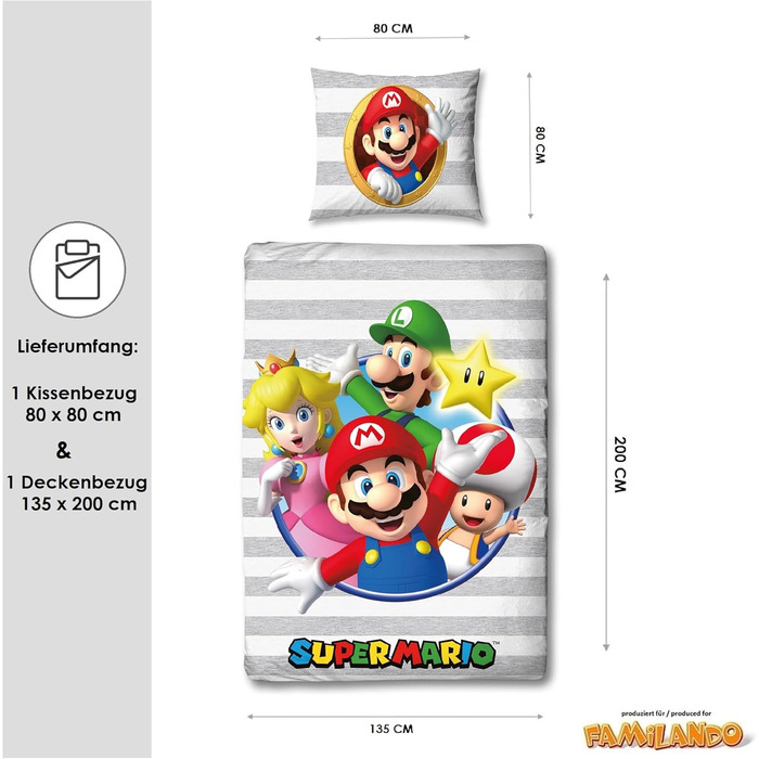 Комплект постільної білизни Kinder Super Mario для хлопчика 135x200/80x80 см, 100% бавовна, з блискавкою, з принтом Маріо, Луїджі, Піч та Стар