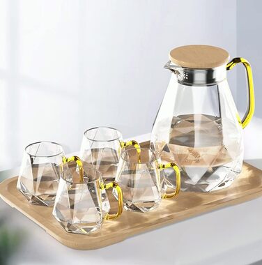 DUJUST Glass Giraffe with Lid, 2 Liters, with 4 Cups, 1 Tray, Water Pitcher in a Modern Diamond Design, Decoration for the Living Room, Heat-Resistant Glass Pitcher for Iced Tea/Milk/Coffee