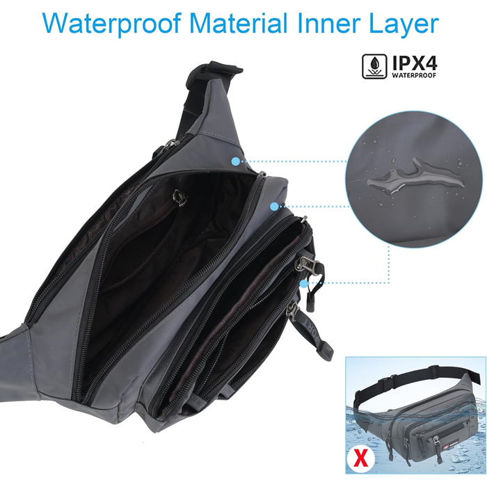 Водонепроникна поясна сумка-бананка для чоловіків та жінок. Багатофункціональна сумка на пояс з блискавкою. Підходить для подорожей, походів та активного відпочинку (Сірий)
