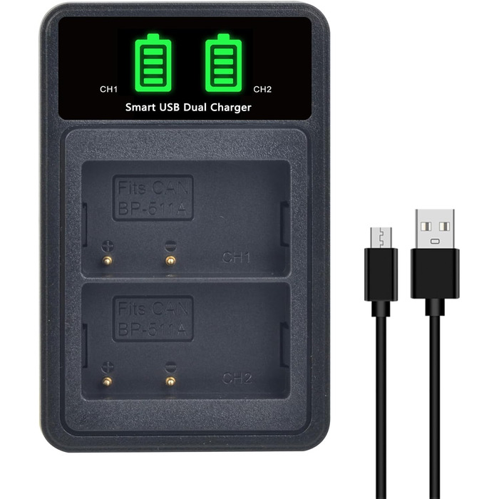 Акумулятор DuraPro 2X BP-511A BP-511 для Canon EOS 5D, 10D, 20D, 30D, 40D, 50D, 300D, D30, D60, Rebel, PowerShot G1, G2, G3, G5, G6, Pro 1, Pro 90, 90IS + LCD-Dual-USB-зарядний пристрій