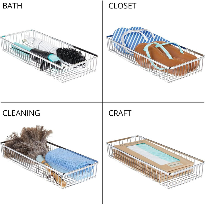 mDesign Universal Drawer Organizer - Metal Storage Baskets for Drawers Organize Kitchen Supplies and Utensils - Drawer Organizers for Kitchen and Household - 4-Piece Set - Silver