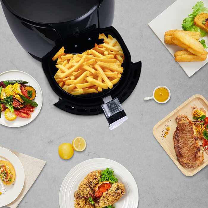 Фритюрниця без олії з 6 програмами приготування, LED-дисплей, книга рецептів, 1500W, чорна