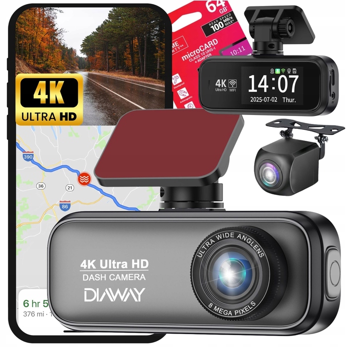 Автомобільний відеореєстратор DIAWAY C900A 4K UHD з Wi-Fi, GPS та задньою камерою