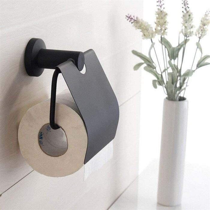 CASEWIND Toilet Paper Holder Black, Toilet Roll Holder with Lid, Antique Toilet Paper Holder with Drill Wall Mount Stainless Steel Matte for WC Nostalgia