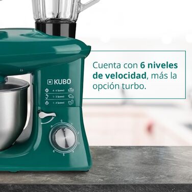 Kubo Food Processor - 7 Accessories: Mixing Bowl, Meat Grinder, Large Bowl, Protective Lid, Whisk, Mixer, and Dough Hook - Color: Green - Capacity: 6 Liters