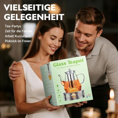 Скляний чайник STNTUS з підігрівачем та ситечком для листового чаю, 1.2 л, нержавіюча сталь