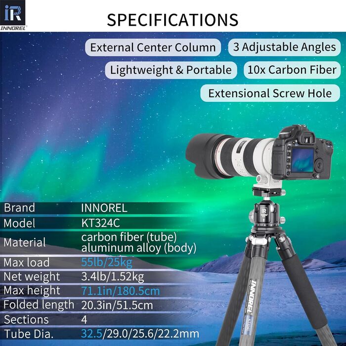 Карбоновий штатив INNOREL KT324C: професійний компактний дорожній штатив для DSLR-камер з панорамною кулеподібною головкою