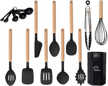 Набір кухонних аксесуарів 12 шт. з силікону з дерев'яними ручками, термостійкий антипригарний набір посуду: щипці, лопатки, ложки. Якісний кухонний набір (16+ чорний)