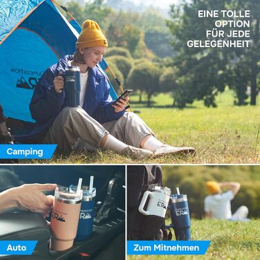 Термокружка з трубочкою 880 мл - ізольована термокружка з кришкою та ручкою, нержавіюча сталь, 30oz, Tumbler, для кави, подорожей, XXL (Блакитний)