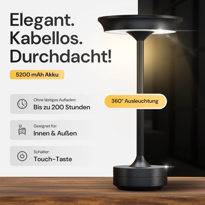 LED настільна лампа бездротова - стильний дизайн з акумулятором та USB-C - 3 кольори світла та диммування - бездротова свобода для дому та вулиці - акумуляторна лампа з регулюванням яскравості (Чорний)