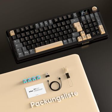 RedThunder K95 Бездротова Механічна Ігрова Клавіатура з Дисплеєм 1,88” та Кнопкою, QWERTZ, 96 Клавіш, Gasket, BT/USB-C/2.4GHz, Hot-swap, Лінійні Pink-світчі, RGB, PBT-клавіші, 8000mAh, Чорно-золота
