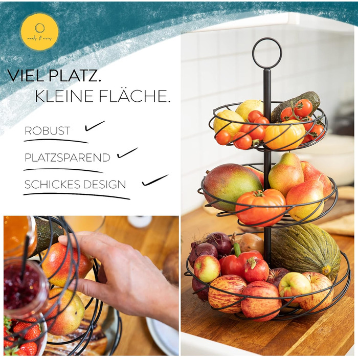 Стійка для фруктів Marks & Rivers 3 яруси XL | Металева фруктова стійка з 3 ярусами чорного кольору для елегантного зберігання у кухні та вітальні