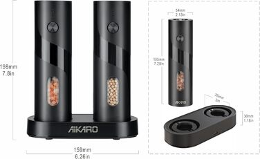 Електрична млинка для солі та перцю Aikarо - автоматична, з акумулятором, перезарядна база в комплекті