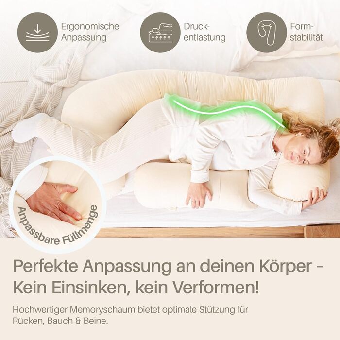 Подушка для вагітних та годування XL, Memory Foam, бавовняний чохол, бежева