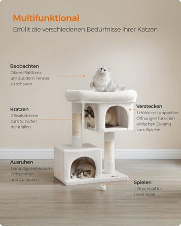 Feandrea Cat Tree, 84 cm Cat Tree, L, Cat House for Large Cats up to 7 kg, Large Platform, 2 Cat Caves, Sisal Posts, PCT61W (L (60 x 40 x 84 cm), Cream White)
